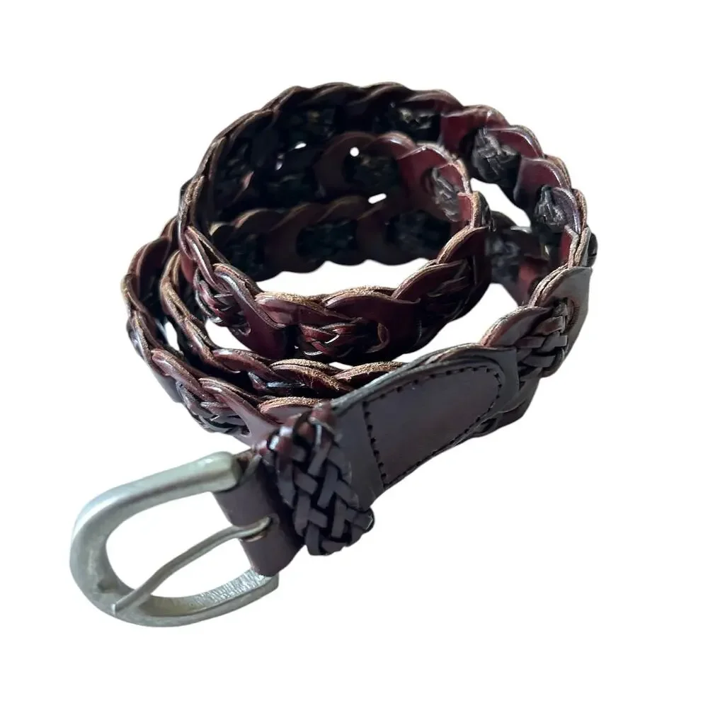 Vintage Womens Size M/L Genuine Leather Boho Brown Burgundy Braided Leather Belt
